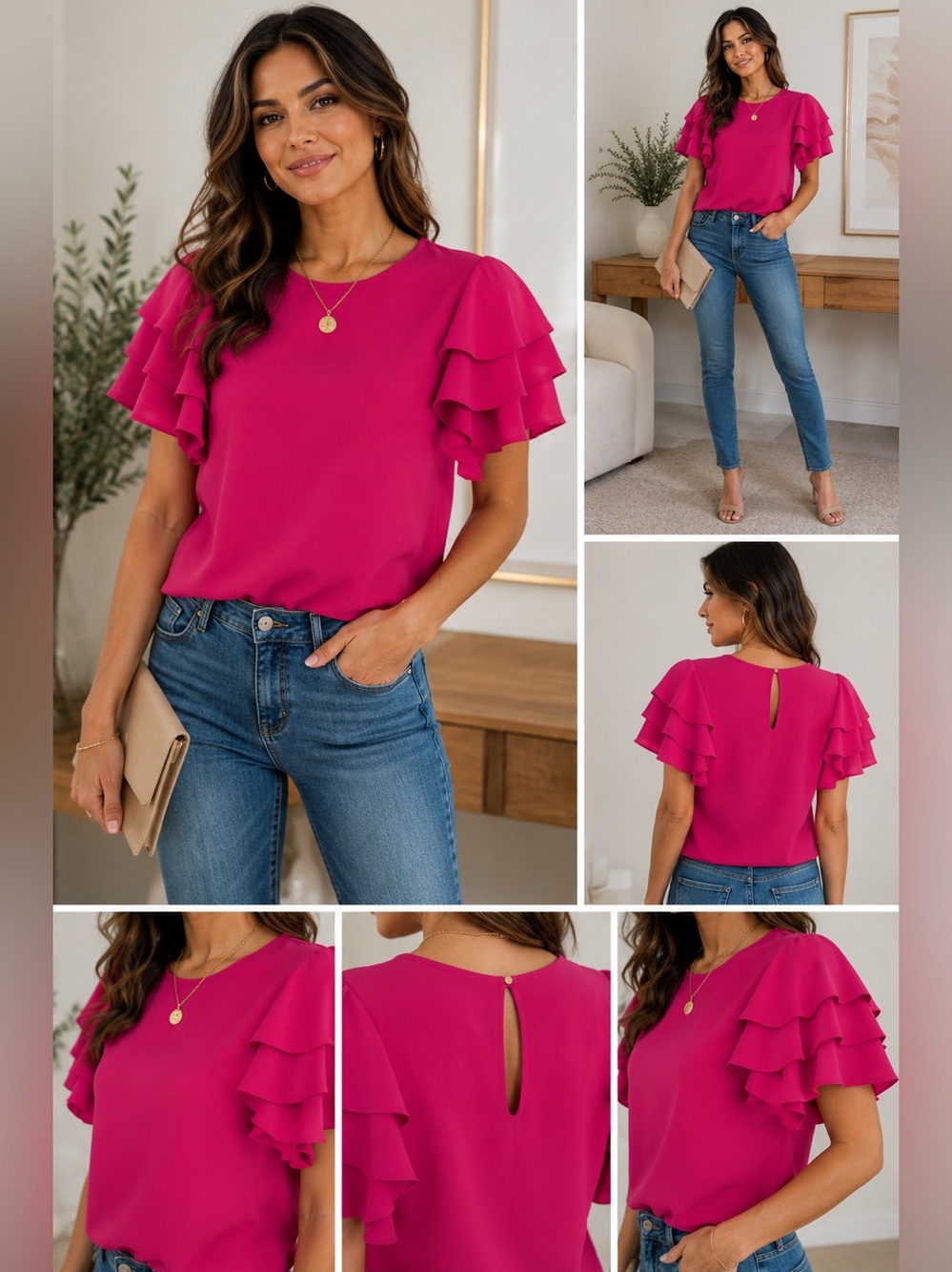 Vizio USA Hot Pink Ruffle Sleeve Blouse Size S Preowned Stretchy Dressy Top